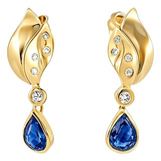 Mid 20th Century 14k Yellow Gold Diamond Sapphire Tear Drop Pear Dangle Earrings, Pair For Sale