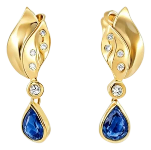 Mid 20th Century 14k Yellow Gold Diamond Sapphire Tear Drop Pear Dangle Earrings, Pair