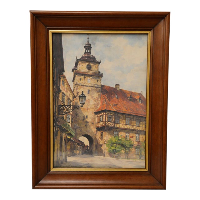 Art-Vintage German Architectural Cityscape Print of Rothenburg Ob Der Tauber “Weißer Turm,” C. 1935–1955 For Sale