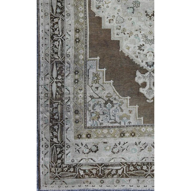 Turkish Vintage Turkish Oushak Long Rug With Medallion in Brown, Green & Neutral Colors For Sale - Image 3 of 7