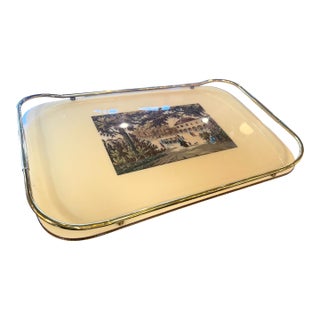 Vintage Italian Scenic Serving Tray With Brass Gallery Rail For Sale