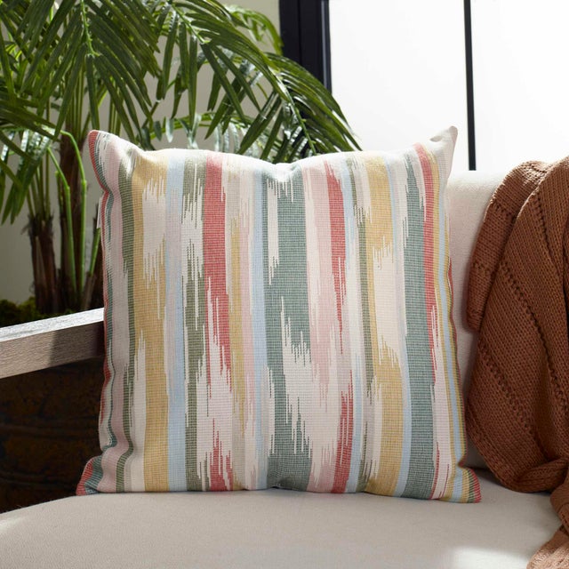A Whimsical Flame Stitch Pattern In Tones Of Petal, Coral, Juniper, Sky Blue, And Yellow Over A Cream Warp In Sunbrella...