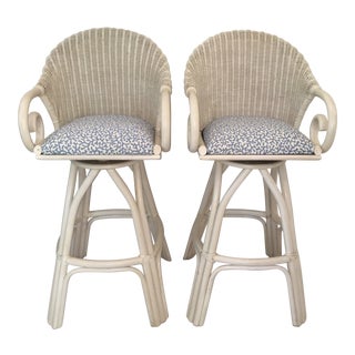 20th Century Shabby Chic White Wicker Bar Stools - a Pair For Sale