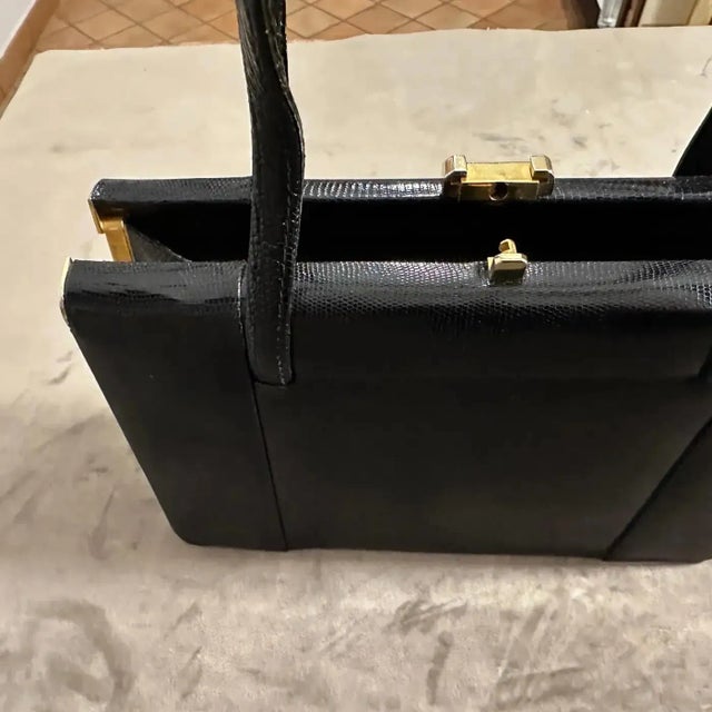 1950s High Quality Black Leather and Brass Hardware Italian Evening Bag For Sale - Image 9 of 18