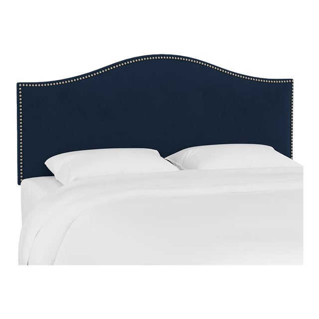 Full Camelback Headboard in Velvet Ink with Pewter Nails For Sale
