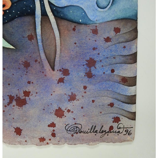 1996 mystical surreal watercolor on paper painting with moon, dog and skull. Signed illegibly lower right corner. Unframed.