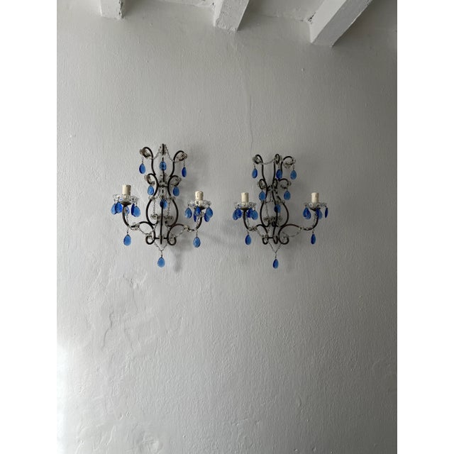 Beautiful French Cobalt Blue Prisms Macaroni Bead Swags Sconces C1920 ...