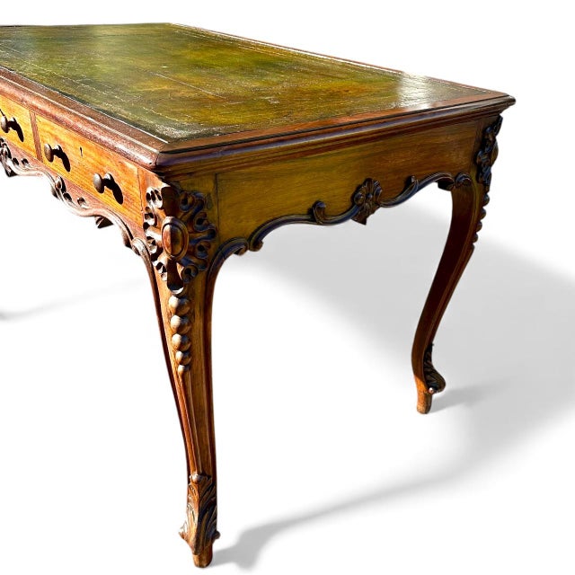 French Louis XV Style Carved Walnut Partners Desk With Leather Top. For Sale In West Palm - Image 6 of 16