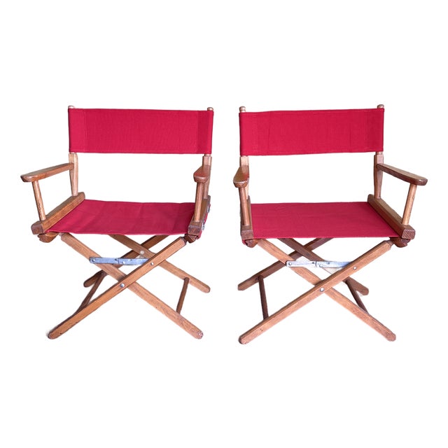 Vintage Gold Medal Walnut Directors Chairs X-Base a Pair New Covers For Sale