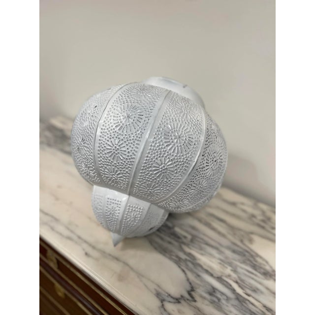White 21st Century Moroccan White Painted Pierced Metal Hanging Pendant Shade For Sale - Image 8 of 9