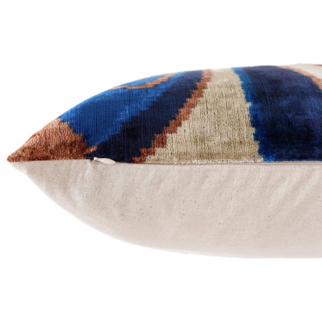 Handmade Velvet Ikat Lumbar Pillow 16x24 | Blue Swirl Stripe For Sale - Image 4 of 8