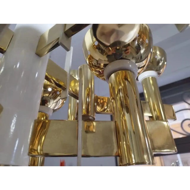 1960s Mid-Century Modern Brass and White Painted Metal Chandelier For Sale - Image 9 of 11