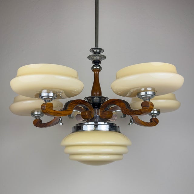 Large Art Deco Chandelier in Glass, Metal, and Wood, Italy, 1950s For Sale - Image 10 of 18