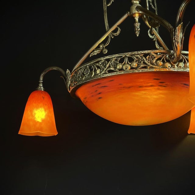 Art Deco Bronze Chandelier Signed attributed to Schneider, 1930s For Sale - Image 4 of 14