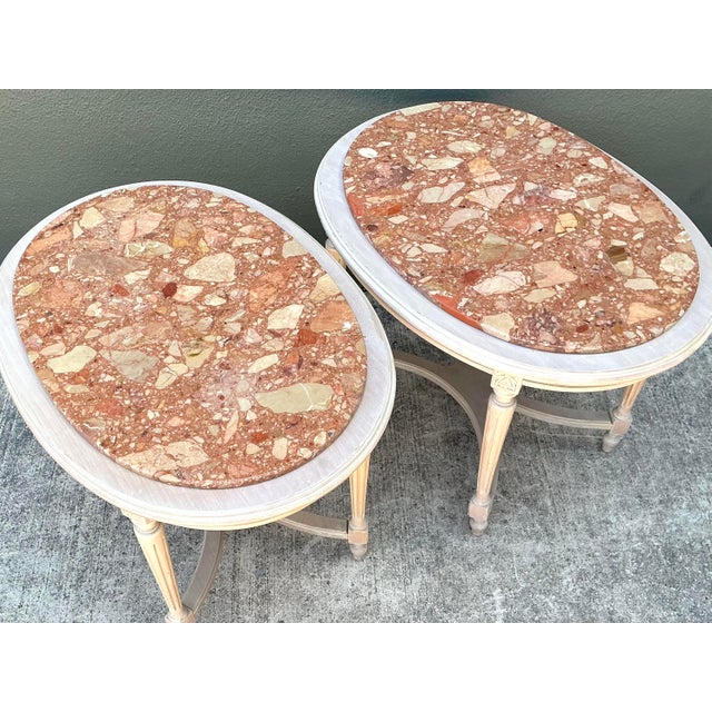 Vintage Stone Top Carved Oval Side Tables - A Pair For Sale - Image 9 of 12