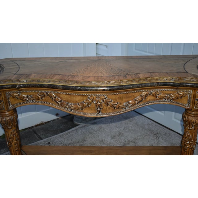 2000 - 2009 Vintage Ornate Carved & Inlaid Tuscan Style Marble Trimmed Console Table W/Shelf For Sale - Image 5 of 12