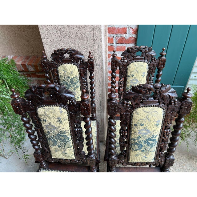 Set 4 Antique French Dining Chairs Barley Twist Renaissance Carved Oak Green 1900 For Sale - Image 16 of 18