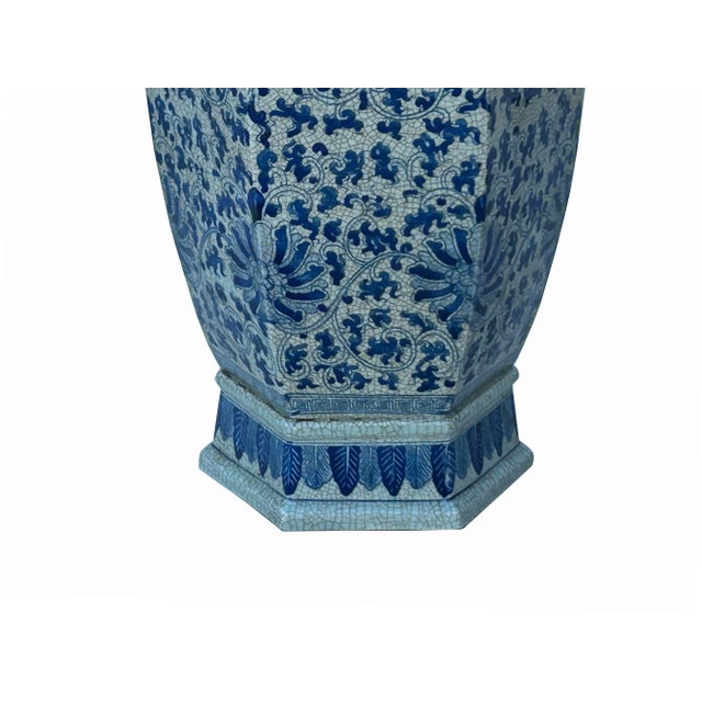 Off-white Vintage Chinese Off White Blue Flower Graphic Hexagonal Porcelain Vase For Sale - Image 8 of 10