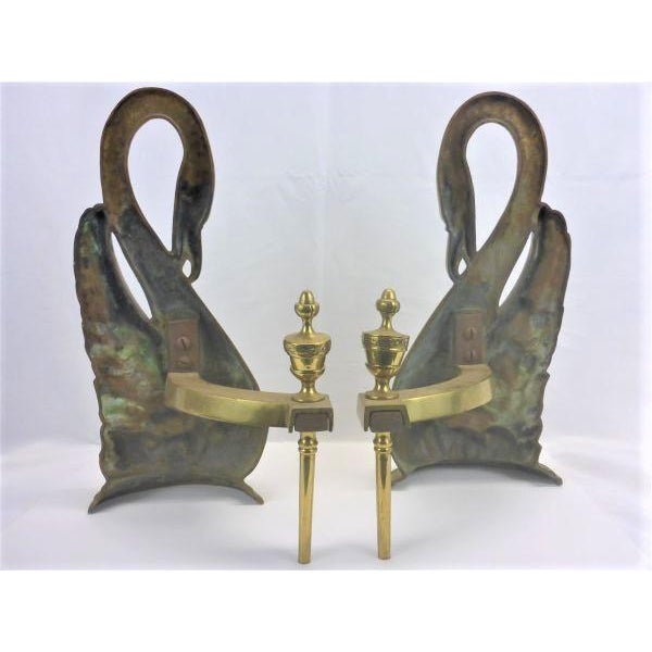 Vintage Brass Fireplace Swan Andiron Complete Set For Sale - Image 4 of 10