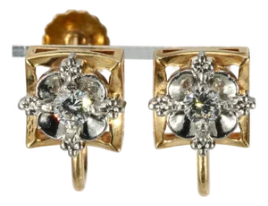 14k Yellow & White Gold Floral Stud Earrings With 0.15ct Diamonds, A Pair