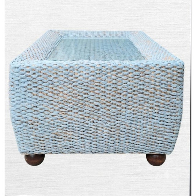 Traditional Vintage Century Furniture Custom Painted Light Blue, Tan Rectangular Coastal Regency Wicker Coffee Table With Glass Top For Sale - Image 3 of 13