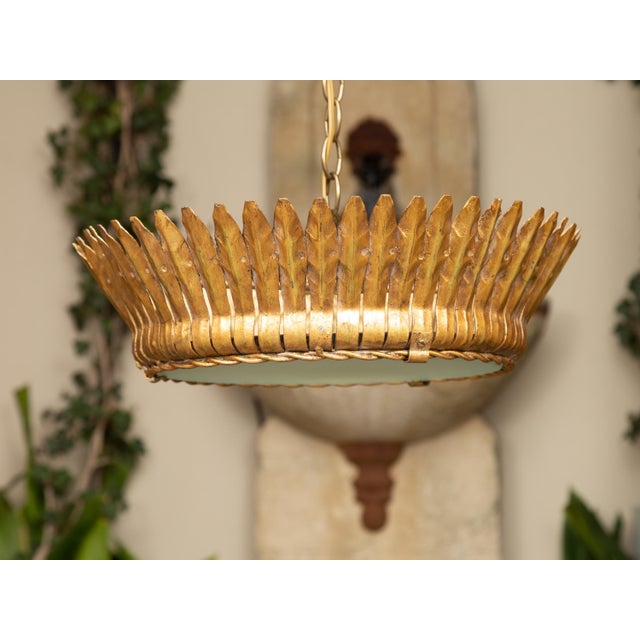 Vintage Spanish Gilt Metal Crown Chandelier with Frosted Glass and Leaf Motifs For Sale - Image 11 of 12