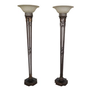 Decorative Metal Torchiere Floor Lamps - A Pair For Sale