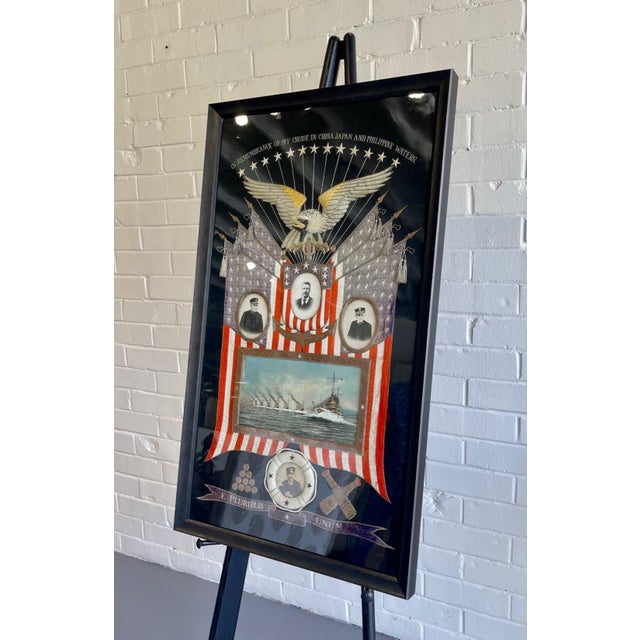 Japanese Antique Textile Panel of American Historical Great White Fleet For Sale - Image 11 of 13