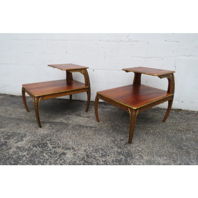 Brown French Hollywood Regency Carved Two Tiers Side End Lamp Tables a Pair For Sale - Image 8 of 12