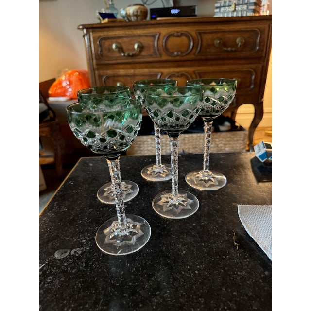 hand cut crystal green and clear wine/aperatif glasses. All in excellent condition. purchased to go with some porcelain...