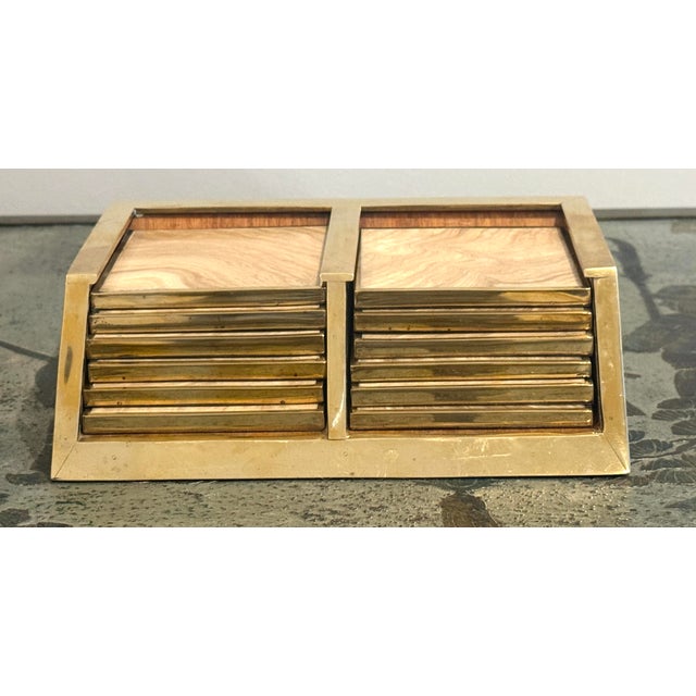 Brass Signed Karl Springer Marble and Brass Coasters With Caddy For Sale - Image 8 of 10