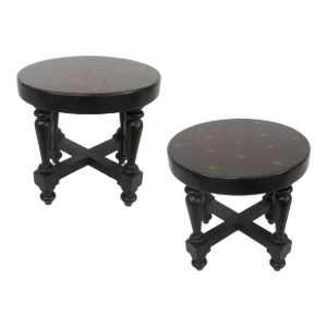 1960s Pair of Low Turned Wood Side Tables with Inset Coins