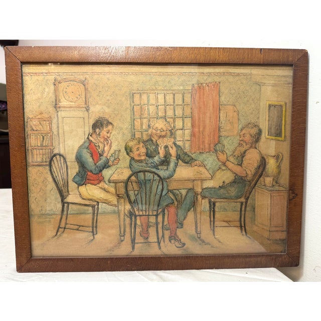 This antique 19th century original watercolor painting depicts men playing cards at a dining table. The hand-painted...