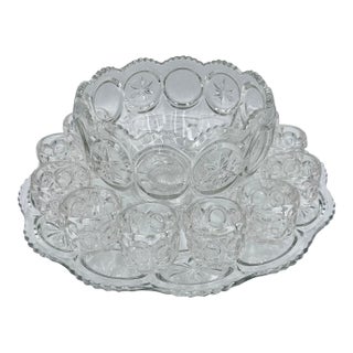 1960s Tiffin-Franciscan l.e Smith Moon & Stars Punch Bowl, Large Under Plate & 10 Cups For Sale
