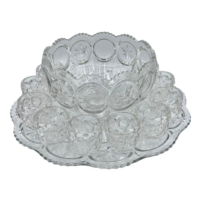 1960s Tiffin-Franciscan l.e Smith Moon & Stars Punch Bowl, Large Under Plate & 10 Cups For Sale