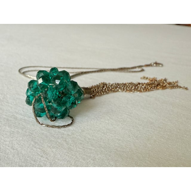 Vintage Faceted Emerald Green Glass Pendant Tassle Necklace For Sale In New York - Image 6 of 15