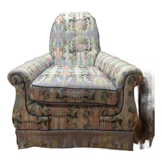 Vintage Hand-Upholstered Watercolor Club Chair With Button-Tufted Back For Sale