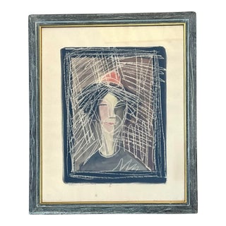 Vintage Mixed Media Portrait on Paper For Sale