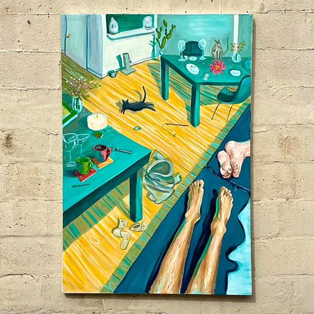 Wood Vintage Boho Original Abstract Expressionist Original Oil on Canvas For Sale - Image 7 of 12