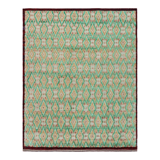 Rug & Kilim’s Moroccan Style Rug in Green and Gold Diamond Patterns For Sale
