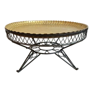 1950s Mid Century Morrocan Style Rod Iron Tray Table With Brass Tray Top.