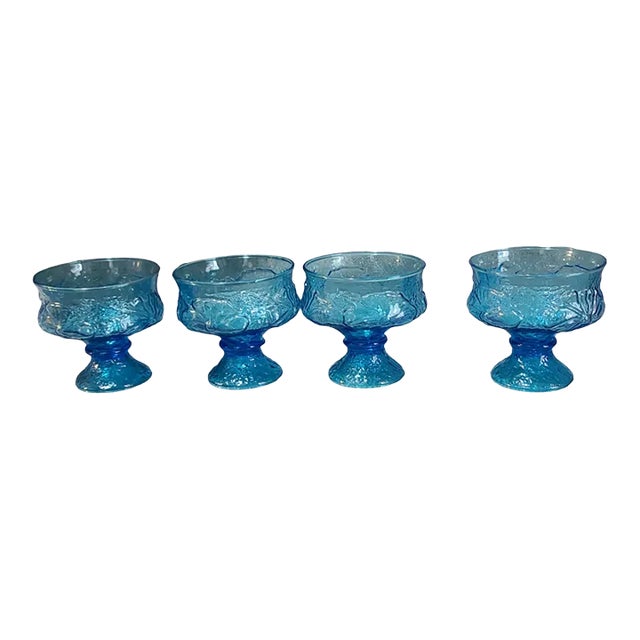 Vintage Set of 4 Anchor Hocking Rain Flower Ocean Blue Sherbet Dessert Compote Bowls For Sale