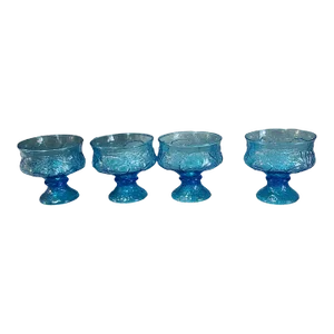 Vintage Set of 4 Anchor Hocking Rain Flower Ocean Blue Sherbet Dessert Compote Bowls