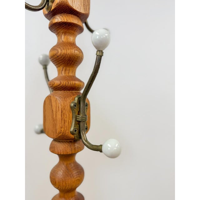 Vintage Brass Wood Coat Rack Porcelain Cream Knobs Entryway Hat Rack For Sale In Tampa - Image 6 of 6