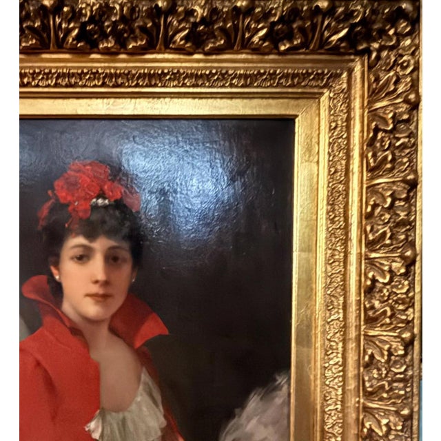 1900 - 1909 1900s 42" Signed William Henry Hyde Ana Gilded Age Oil Portrait, Socialite in Red Cloak and Ostrich Fan, Antique Gold Frame, Museum Quality For Sale - Image 5 of 18