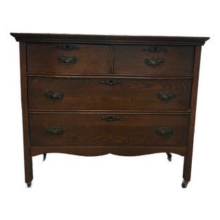 Antique Vintage Victorian Solid Tiger Oak Wood Accent Dresser Chest of Drawer For Sale