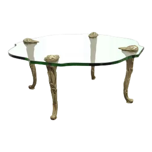 Vintage Hollywood Regency Carved Wood Faux Bois Legs Glass Top Coffee Table