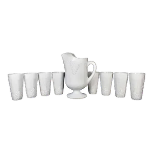 Mid 20th Century Indiana Heavy Milk Glass Paneled Colony Harvest Grape Vine Pitcher & Tumblers Set - 9 Pieces