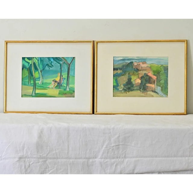 Late 20th Century French Pair of Vintage Watercolor Paintings in Gilt Frames For Sale - Image 5 of 8