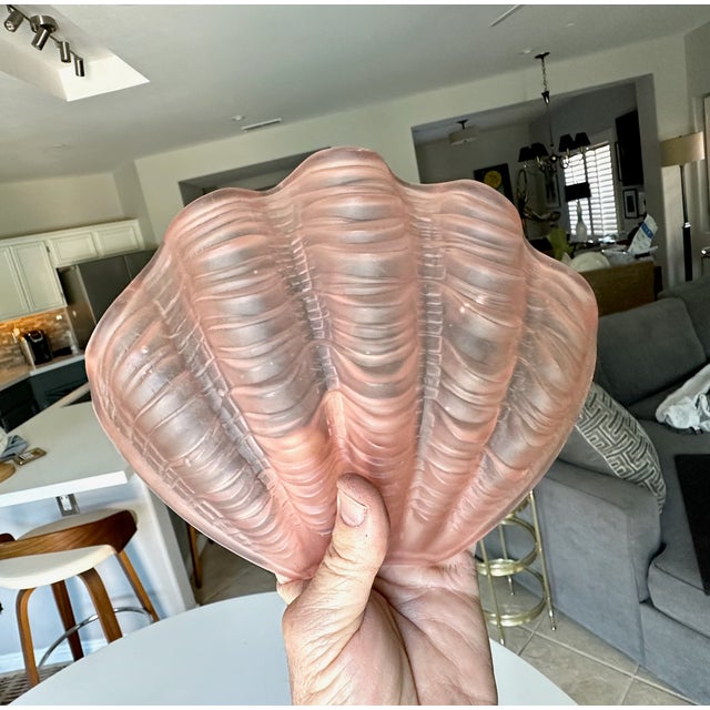 Pair Art Deco Shell Clam Shaped Pink Glass Brass Wall Sconce For Sale - Image 12 of 18